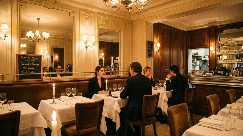 Intérieur élégant d'un restaurant chic à Paris avec ambiance tamisée et décoration raffinée
