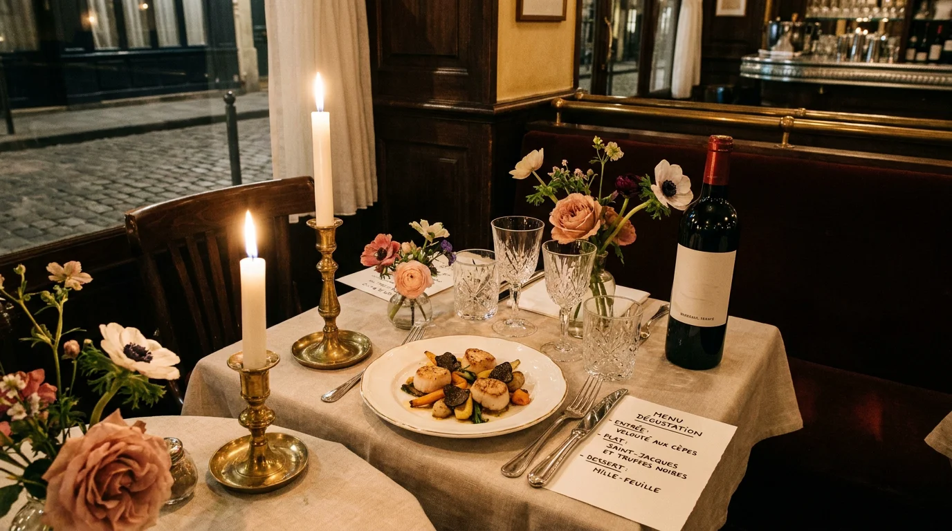 Table dressée dans un restaurant chic parisien avec éclairage tamisé et assiette gastronomique