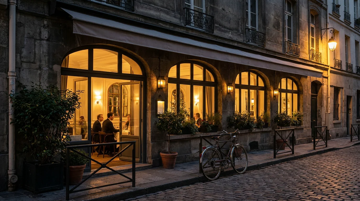 Façade élégante d'un restaurant chic parisien en soirée avec lumière tamisée