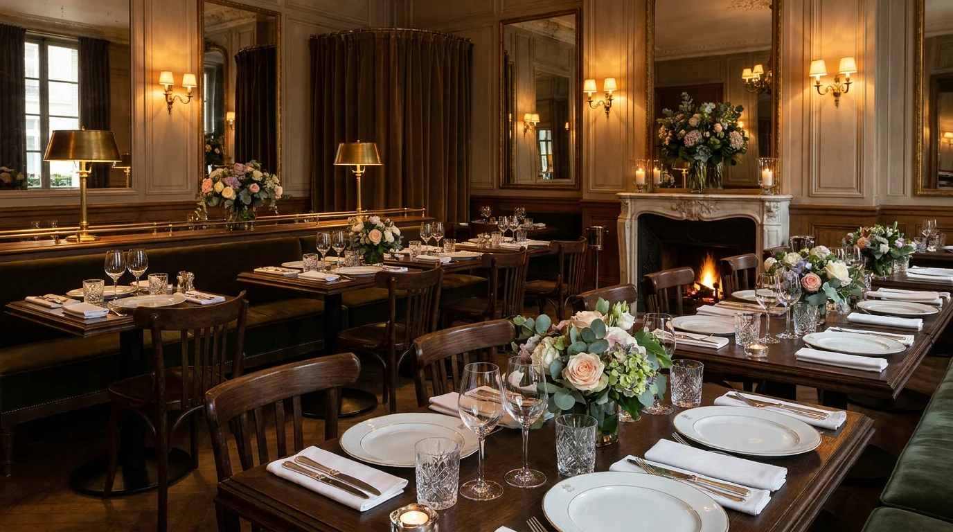 Intérieur d'un restaurant chic parisien avec ambiance intimiste et décoration raffinée