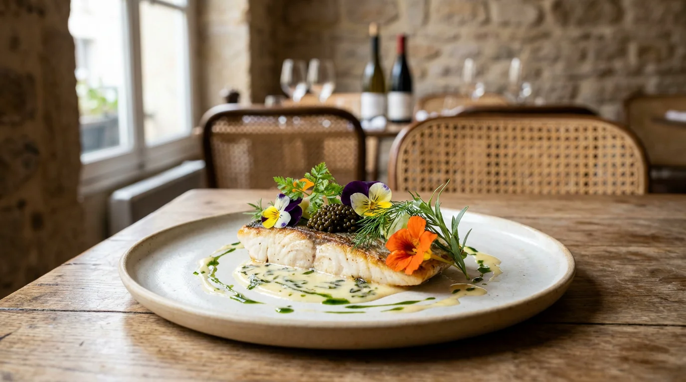 Dressage raffiné d'un plat gastronomique avec herbes et fleurs dans un restaurant chic parisien