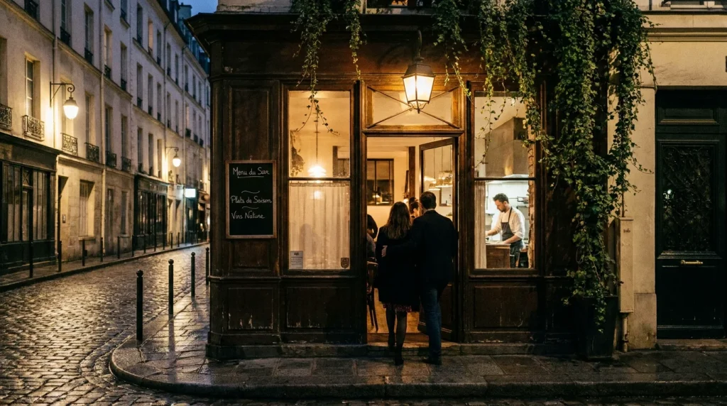 Façade élégante d'un restaurant gastronomique parisien le soir avec éclairage chaleureux