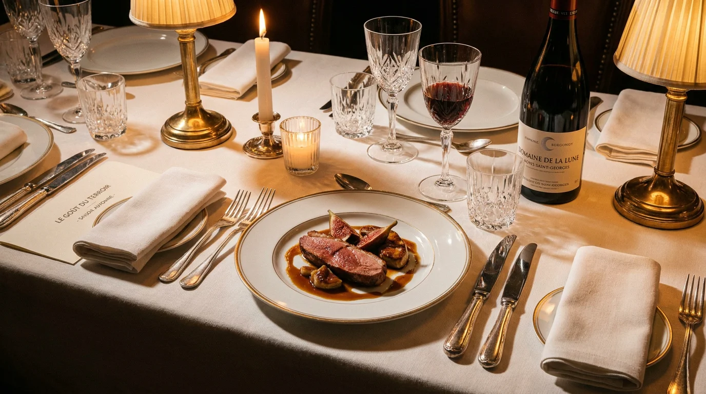 Table dressée dans un restaurant gastronomique avec assiette raffinée et éclairage tamisé