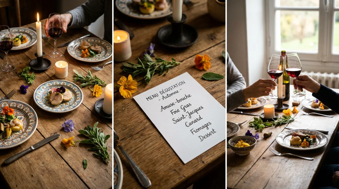 Menu dégustation gastronomique avec assiettes disposées en progression sur une table intimiste