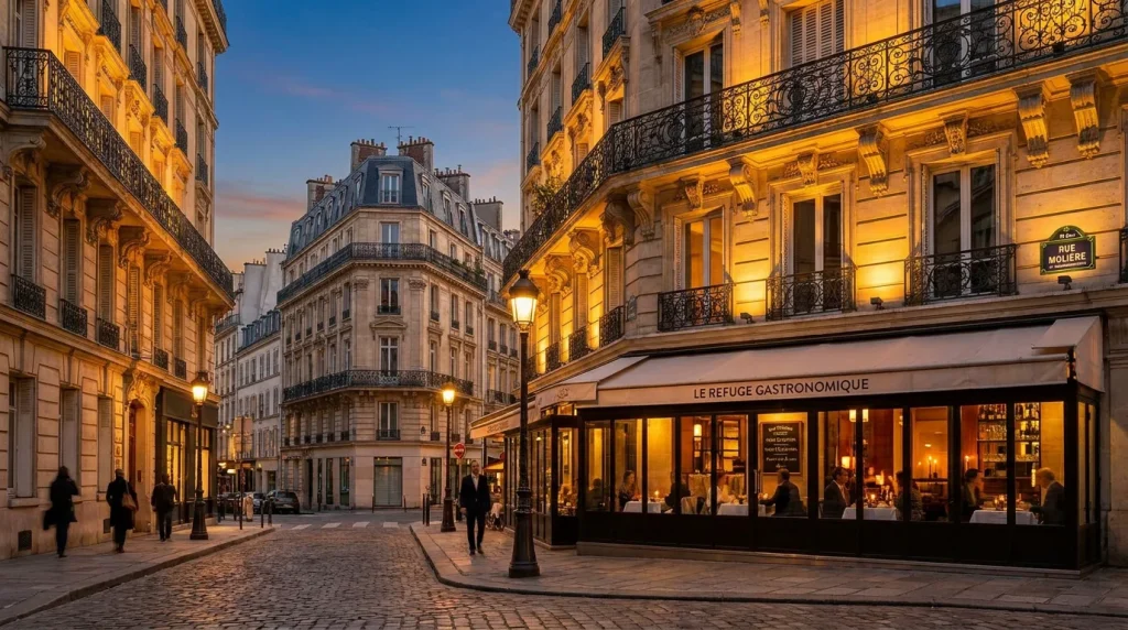 Façade élégante d'un restaurant gastronomique parisien au crépuscule