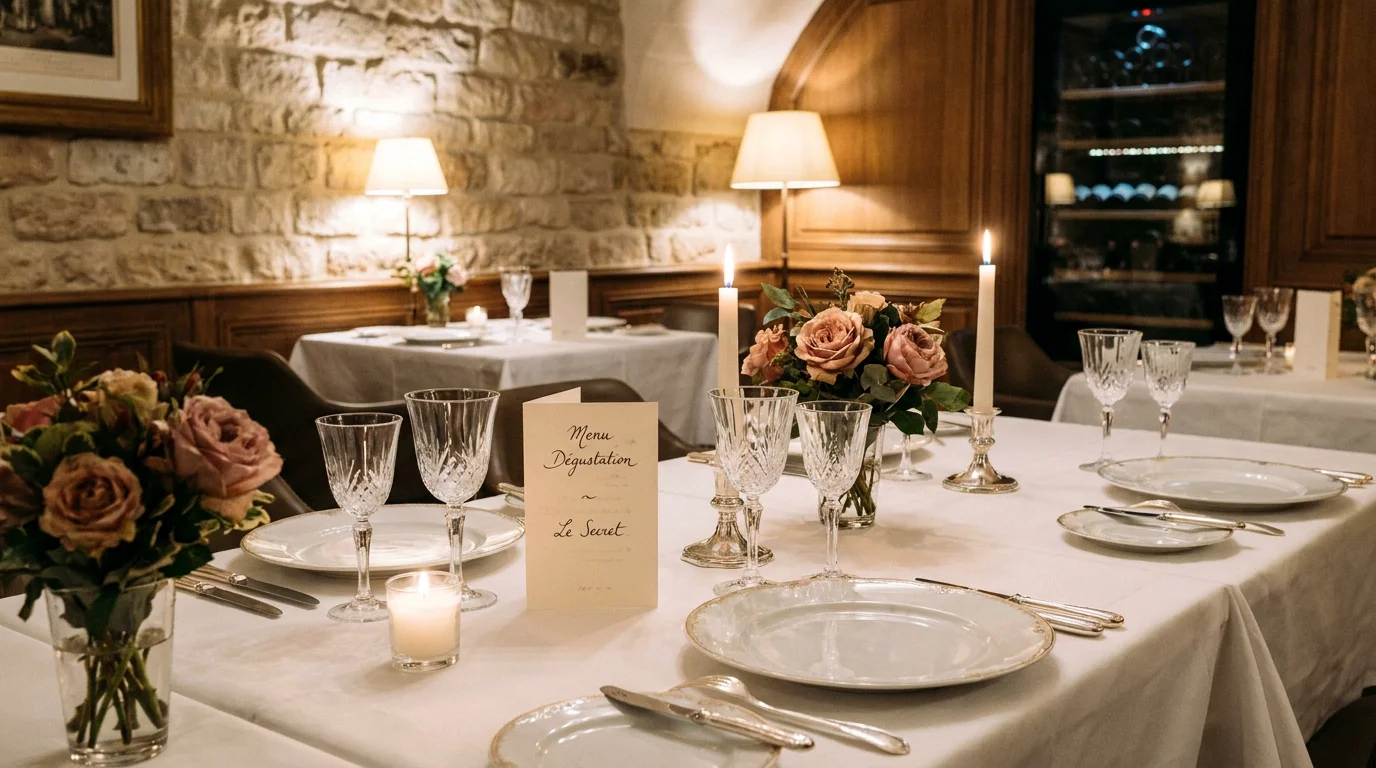 Table gastronomique dressée dans un restaurant étoilé parisien intimiste