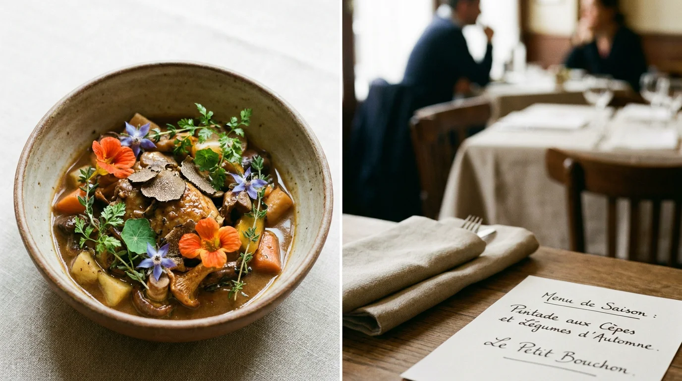 Plat gastronomique bio de saison avec herbes et fleurs comestibles dans un restaurant parisien