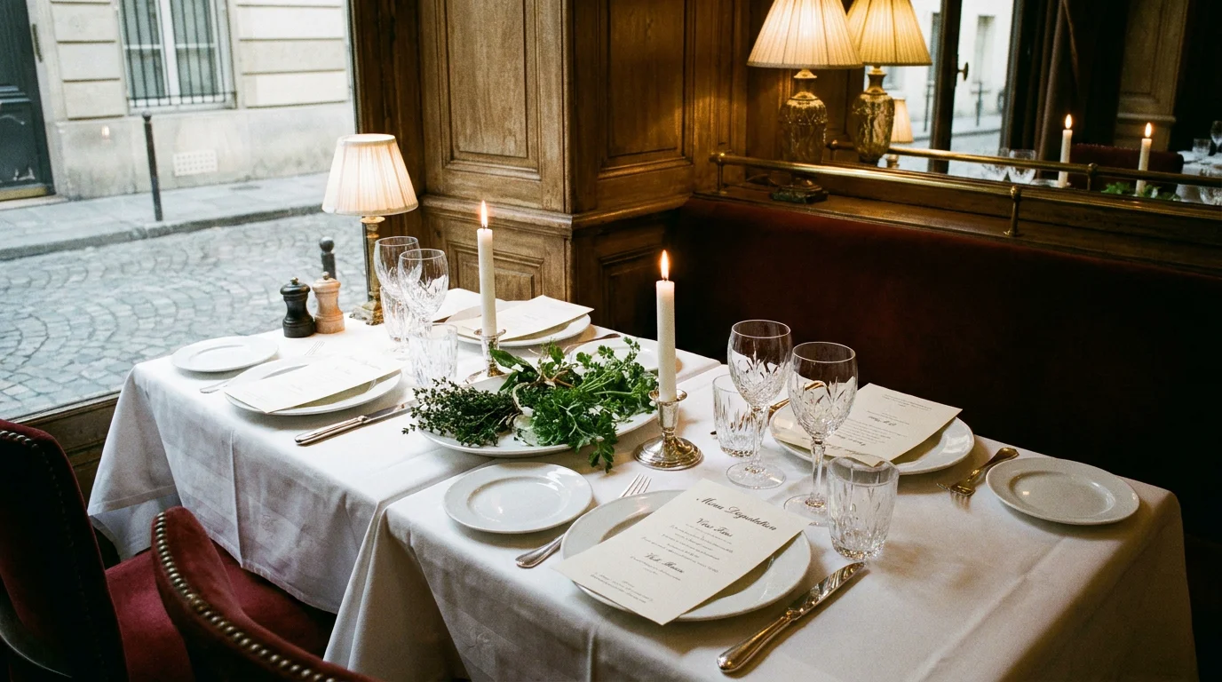 Table dressée dans un restaurant gastronomique à Paris avec ambiance intimiste