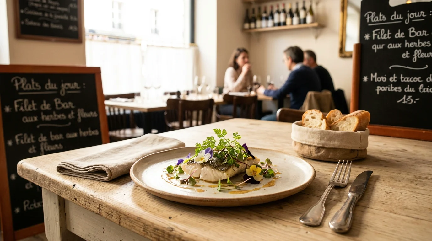 Plat gastronomique bio avec herbes et fleurs de saison dans un restaurant parisien