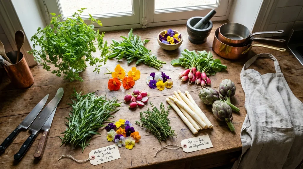 Herbes fraîches, fleurs comestibles et légumes bio de saison sur un plan de travail de cuisine gastronomique