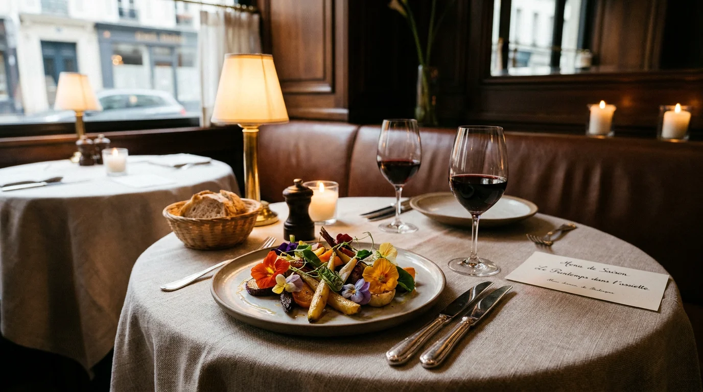 Assiette de dégustation raffinée dans un restaurant gourmand parisien avec fleurs comestibles et légumes de saison