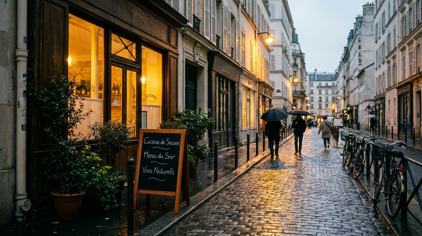 Devanture intimiste d'un restaurant gastronomique dans le quartier des Batignolles à Paris 17 en soirée