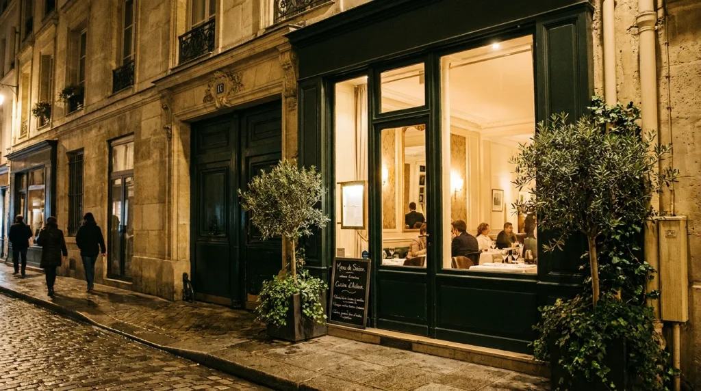 Façade élégante d'un restaurant haut de gamme parisien en soirée avec éclairage chaleureux