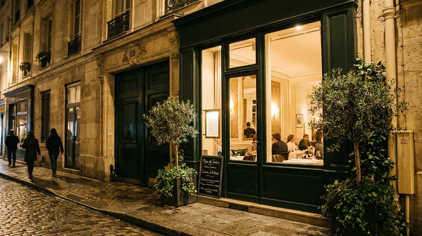 Façade élégante d'un restaurant haut de gamme parisien en soirée avec éclairage chaleureux