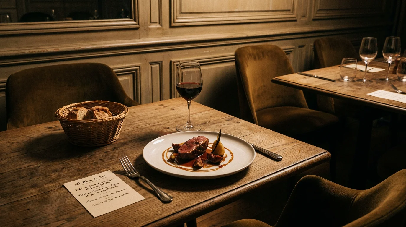 Table élégante d'un restaurant haut de gamme parisien avec assiette gastronomique et ambiance intimiste