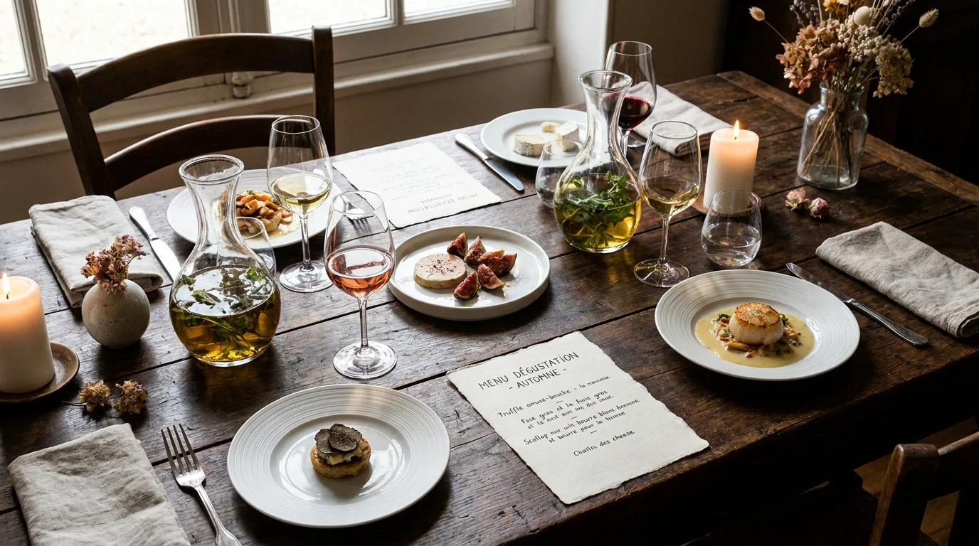 Menu dégustation gastronomique en plusieurs étapes dans un restaurant haut de gamme parisien
