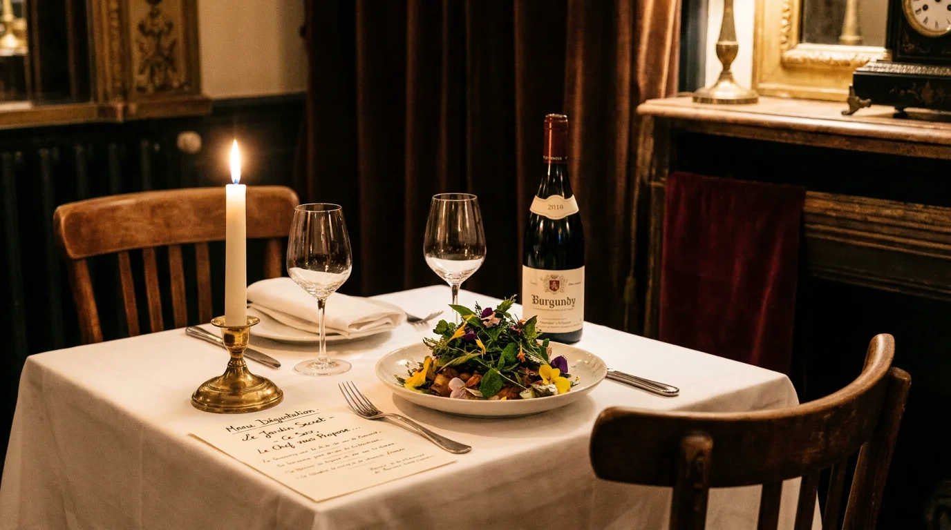 Table intimiste dans un restaurant gastronomique parisien avec assiette de saison et éclairage tamisé