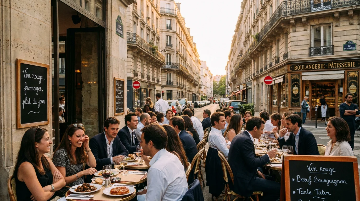 Rue du quartier des Batignolles à Paris 17 avec façades et terrasses de restaurants