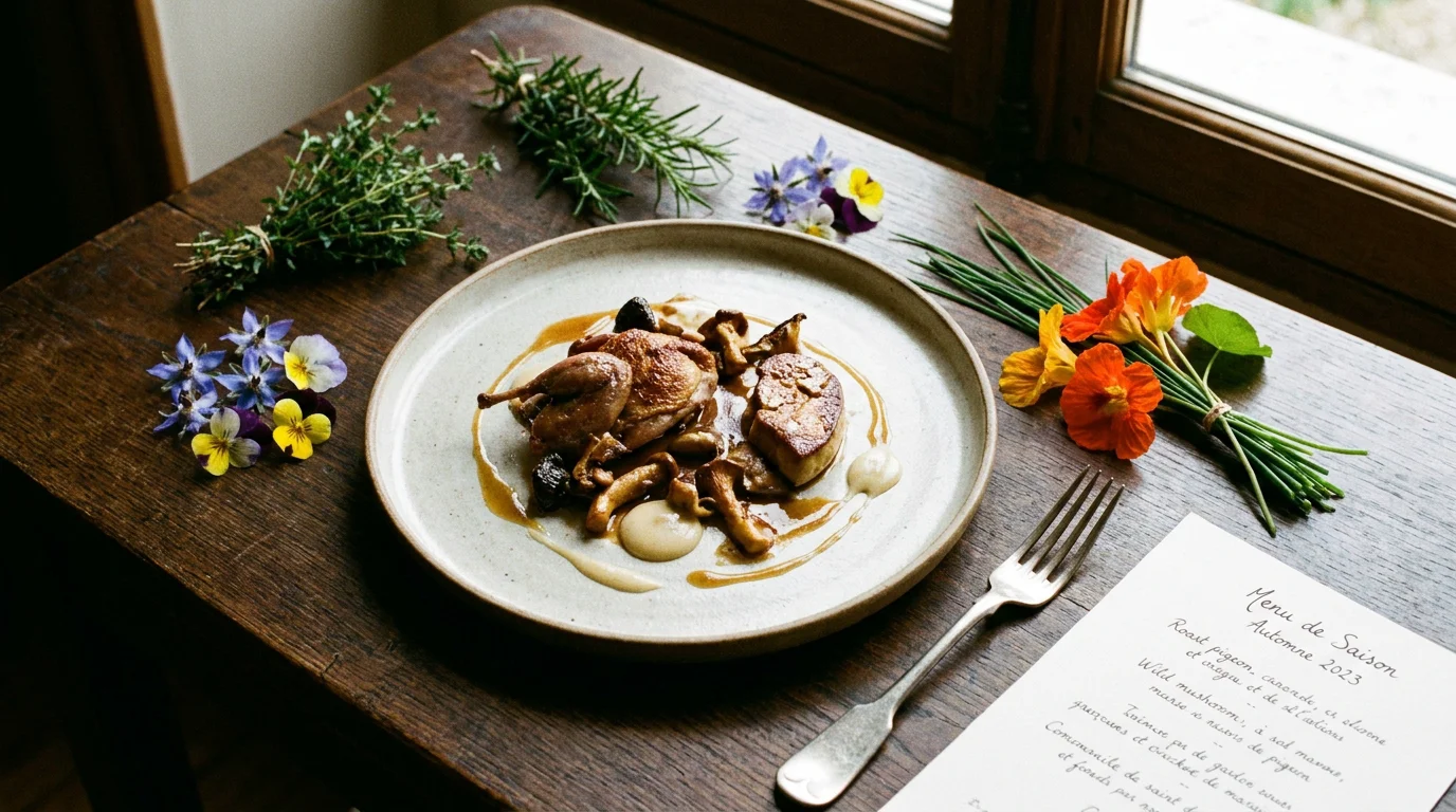 Assiette gastronomique raffinée avec herbes aromatiques et fleurs comestibles dans un restaurant parisien