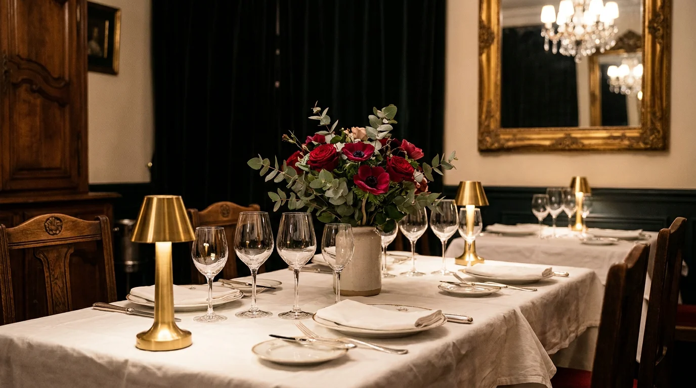 Table dressée dans un restaurant gastronomique à Paris avec verrerie fine et décor intimiste