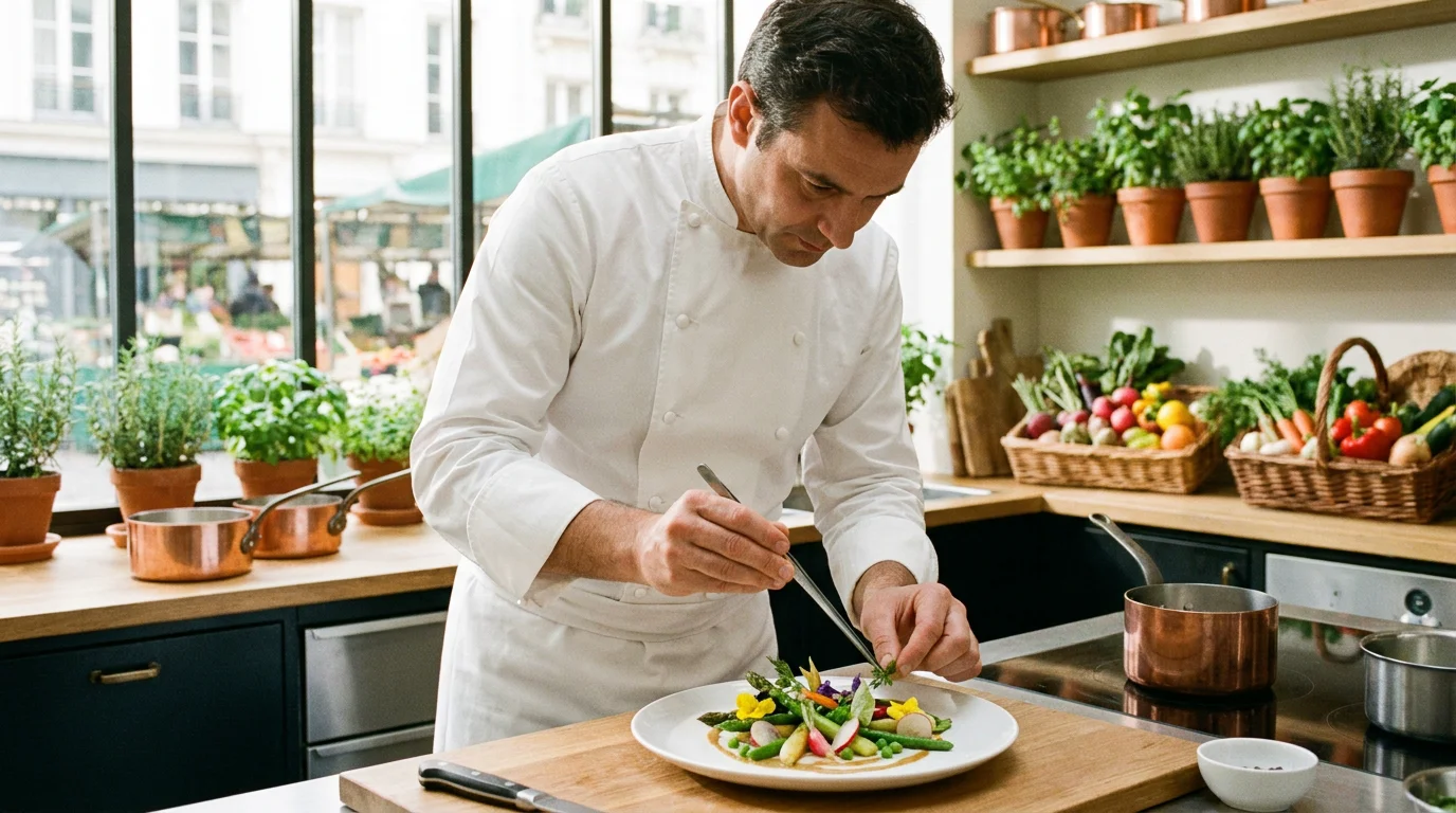 Chef cuisinier dressant une assiette gastronomique avec des produits de saison dans une cuisine ouverte