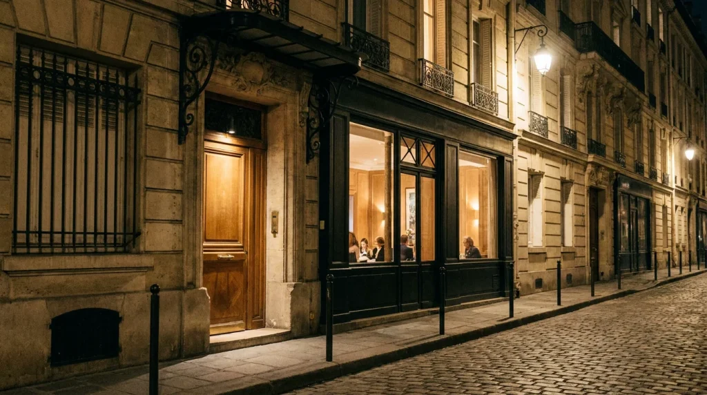 Façade élégante d'un restaurant gastronomique parisien en soirée dans le 17e arrondissement