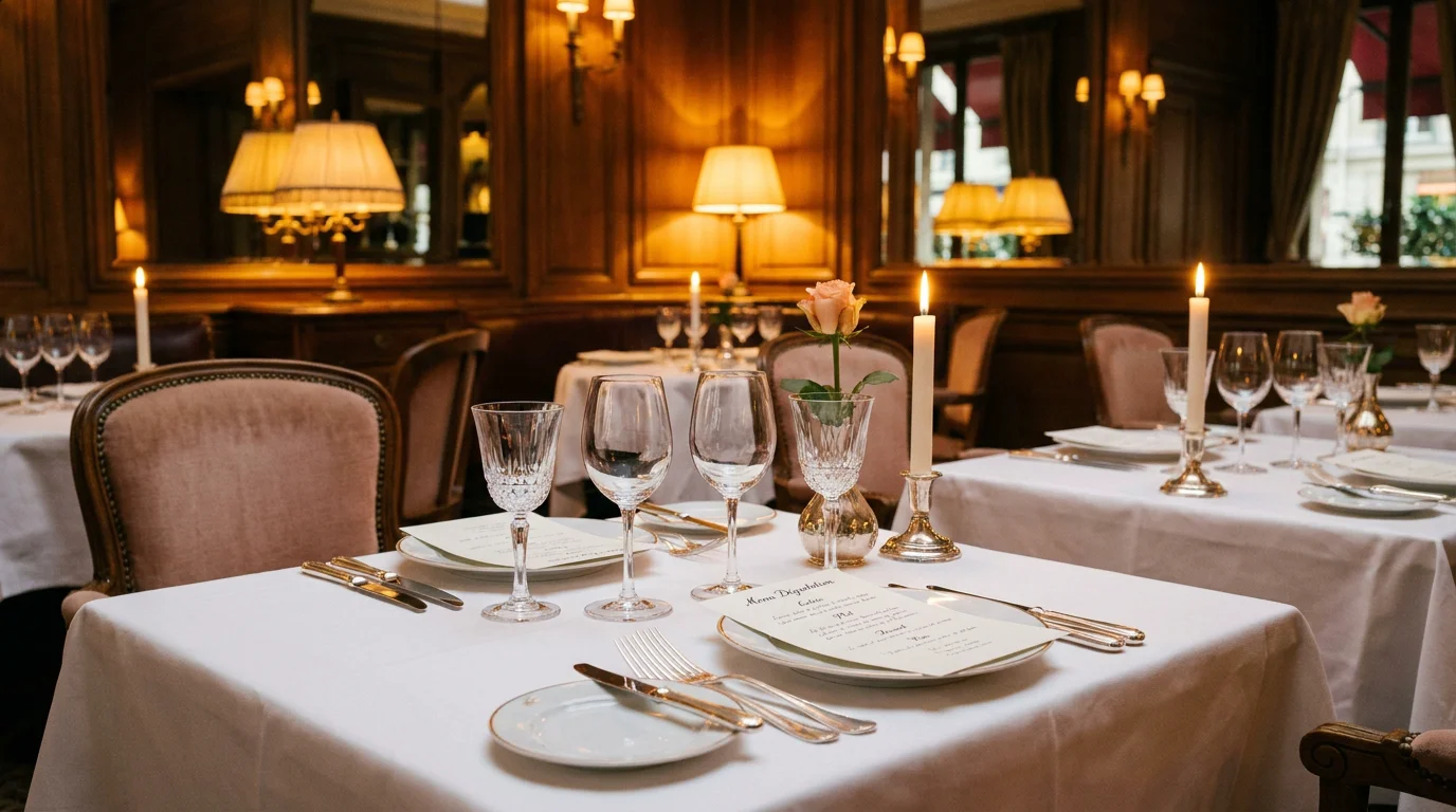 Table dressée dans un restaurant gastronomique parisien avec ambiance intimiste