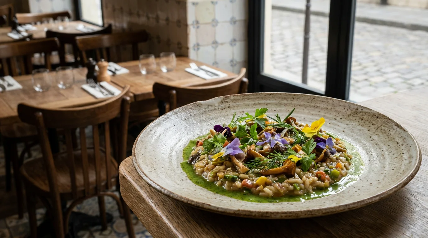 Plat gastronomique bio dressé avec herbes et fleurs comestibles dans un restaurant parisien