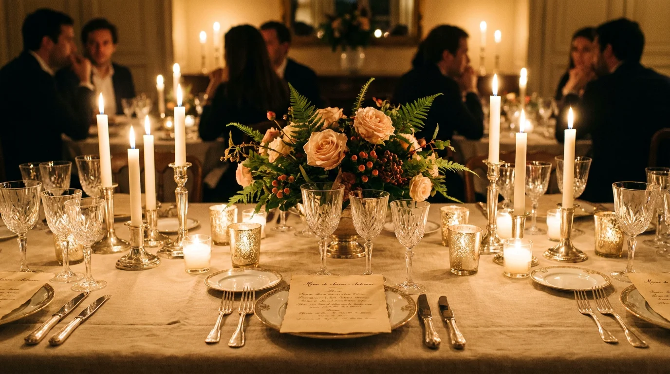 Table élégante dans un fancy restaurant parisien avec verrerie fine et lumière tamisée