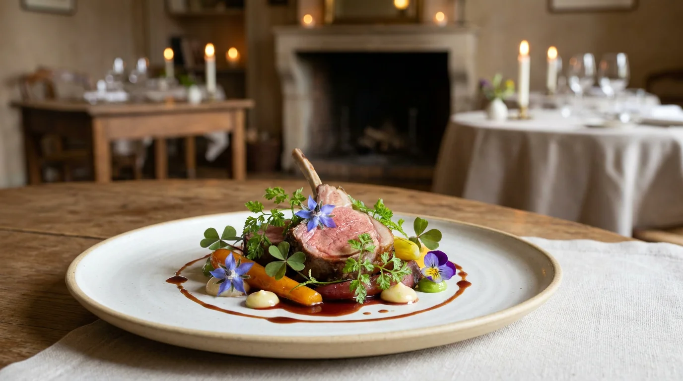 Plat gastronomique raffiné avec herbes et fleurs comestibles dans un restaurant parisien