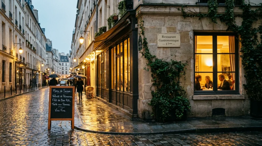 Façade intimiste d'un restaurant gastronomique dans le 17e arrondissement de Paris au crépuscule