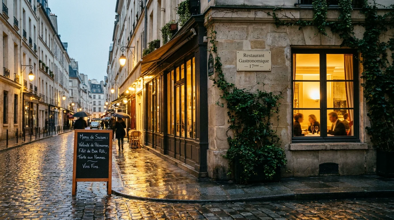 Façade intimiste d'un restaurant gastronomique dans le 17e arrondissement de Paris au crépuscule