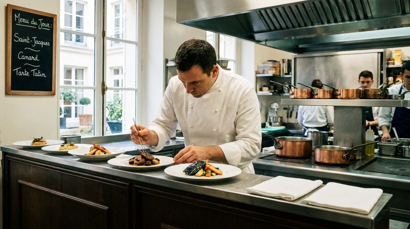 Chef cuisinier en cuisine professionnelle à Paris préparant des plats gastronomiques