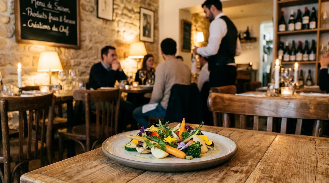 Assiette gastronomique bio de saison avec herbes et fleurs dans un restaurant parisien intimiste