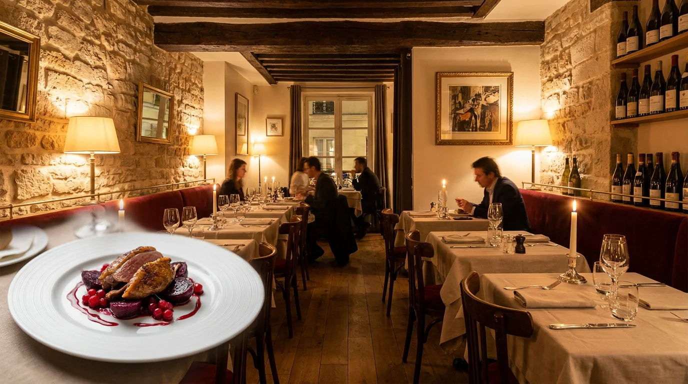 Intérieur intimiste d'un restaurant semi gastronomique à Paris avec assiette raffinée