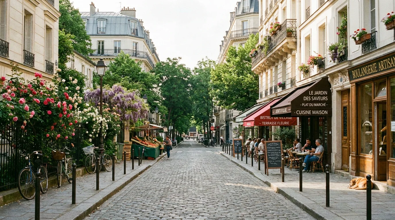 Rue du quartier des Batignolles à Paris 17 avec terrasses de restaurants