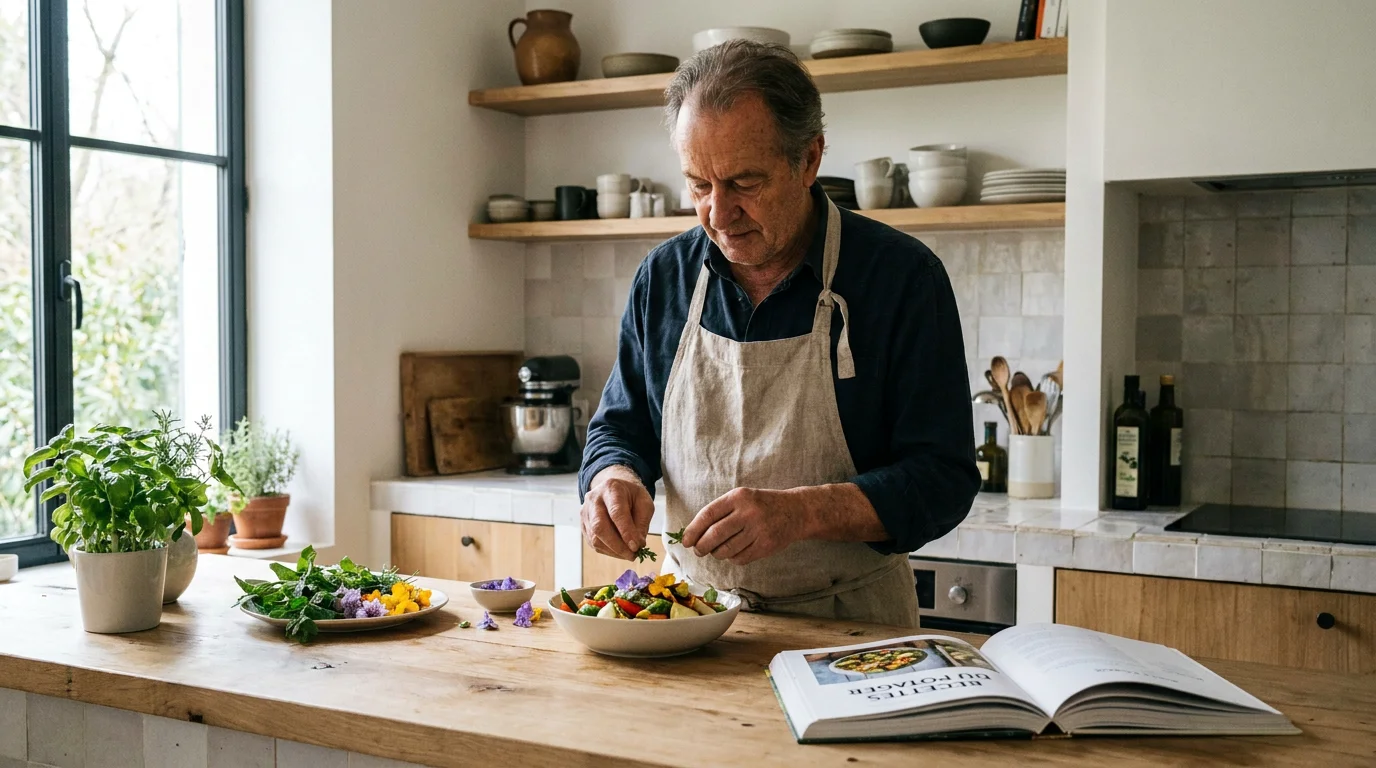 Chef solo préparant un plat végétarien raffiné dans une cuisine ouverte à Paris