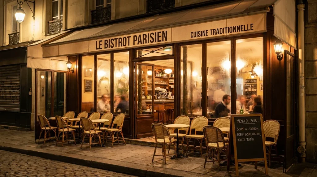 Façade chaleureuse d'un bistrot français typique à Paris en soirée