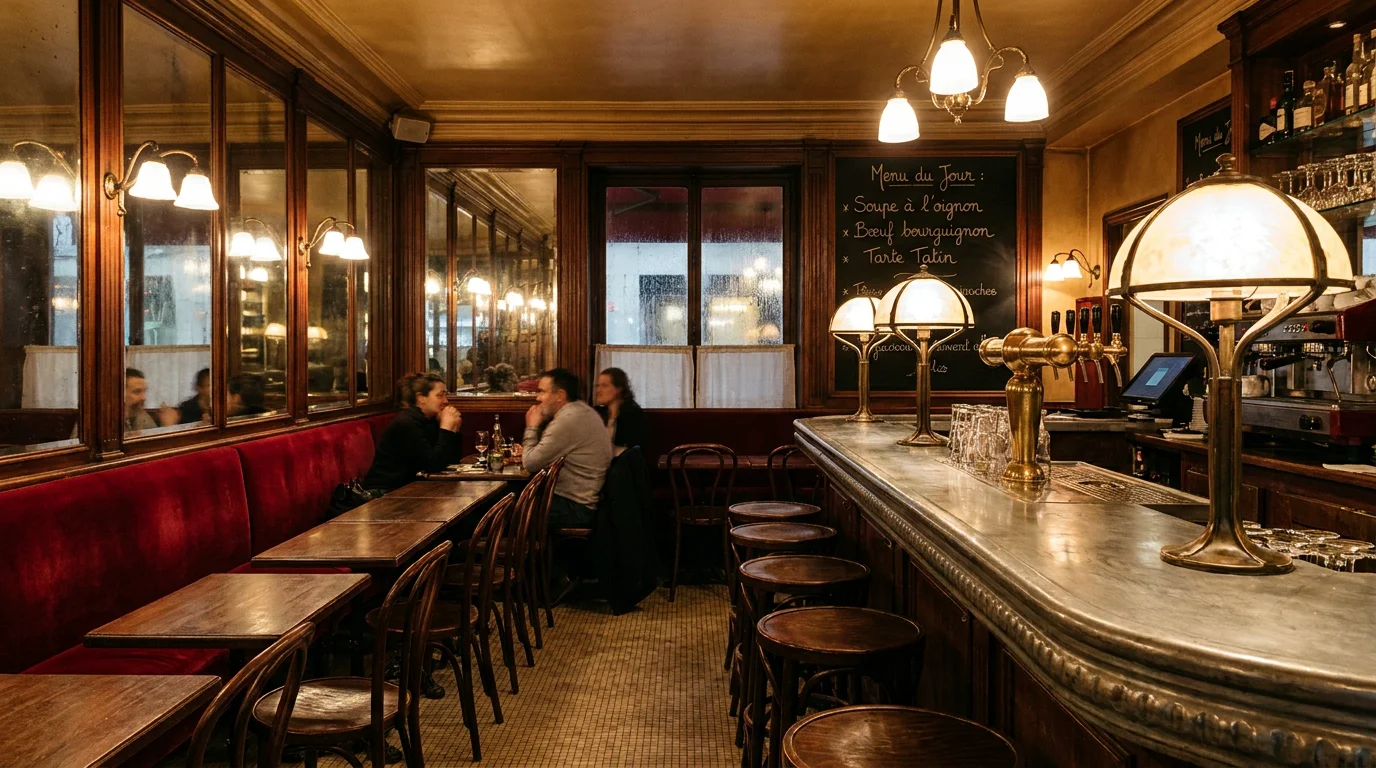 Intérieur authentique d'un bistrot français à Paris avec comptoir en zinc et banquettes en velours
