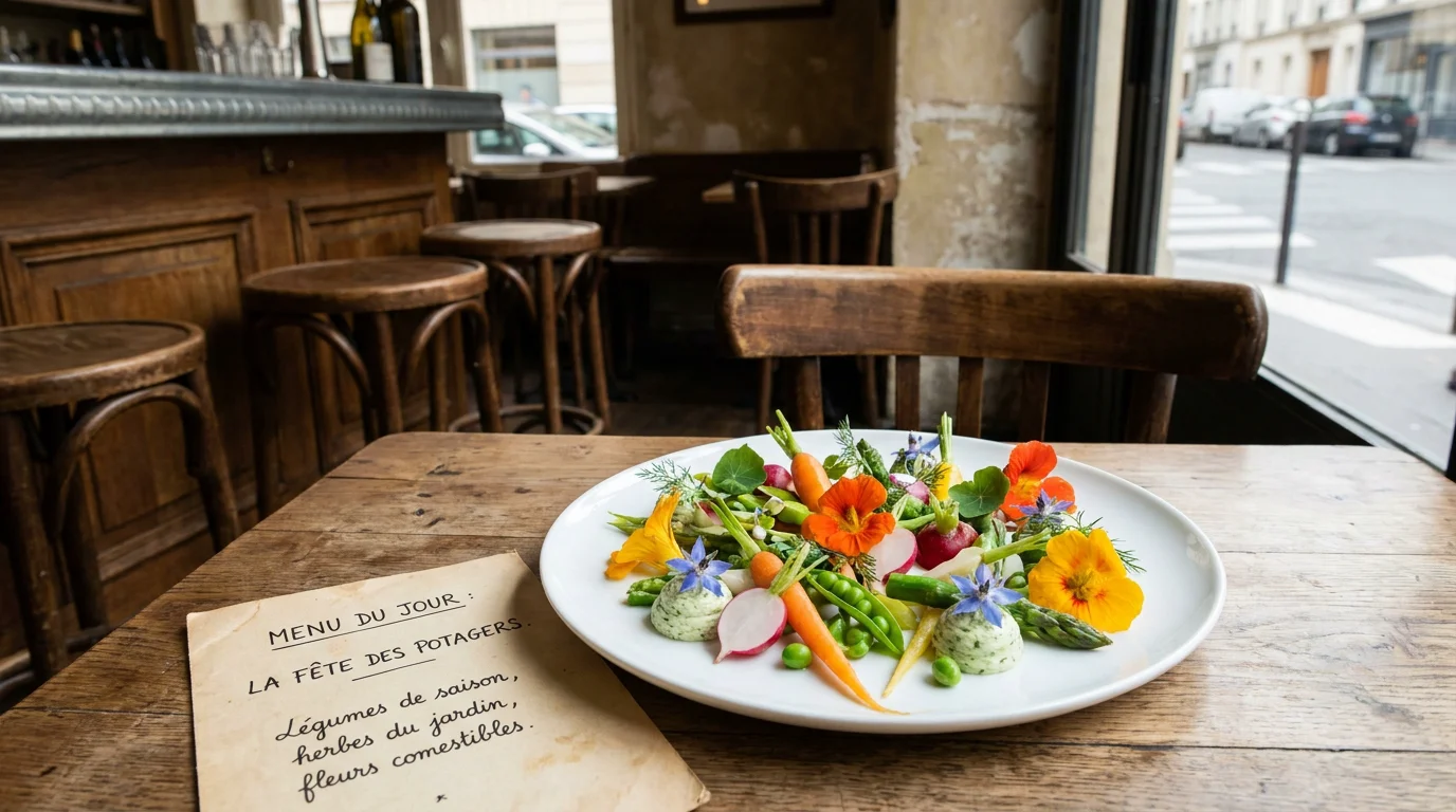 Assiette gastronomique bio de saison avec herbes fraîches et fleurs comestibles dans un bistrot à Paris