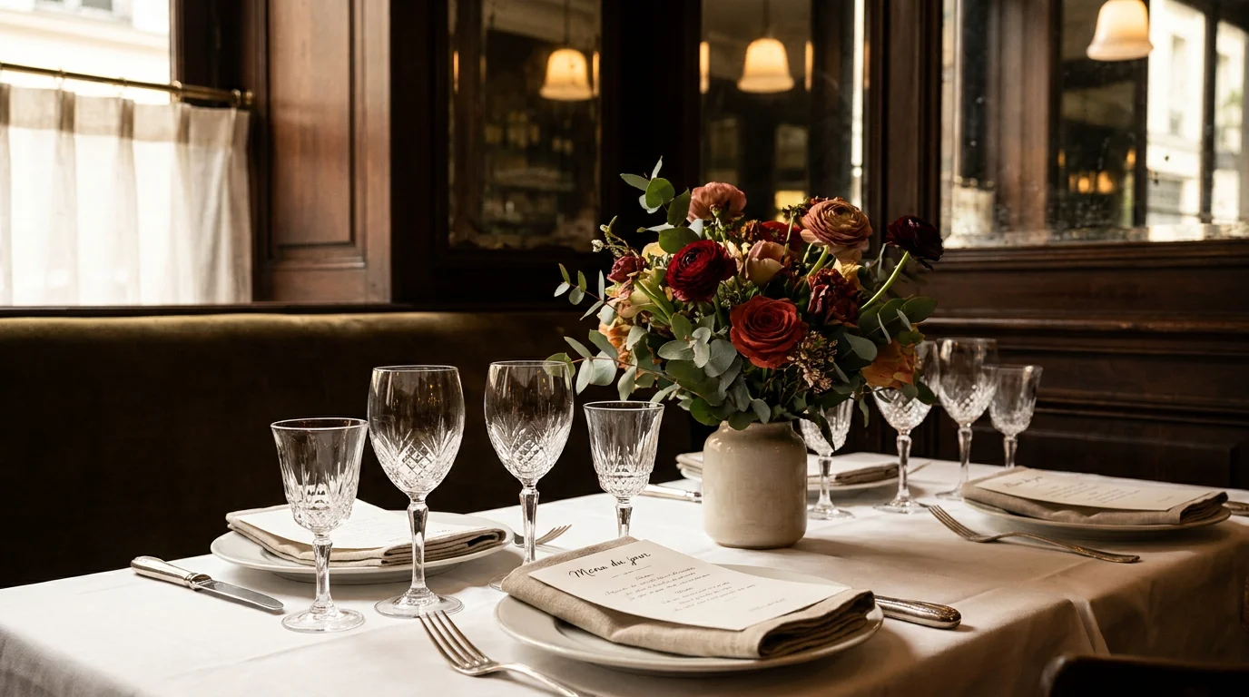 Table dressée dans un restaurant luxueux parisien avec verrerie fine et décor intimiste