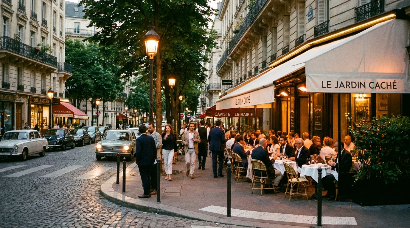 Façade d'un restaurant élégant dans une rue du 17e arrondissement de Paris en soirée