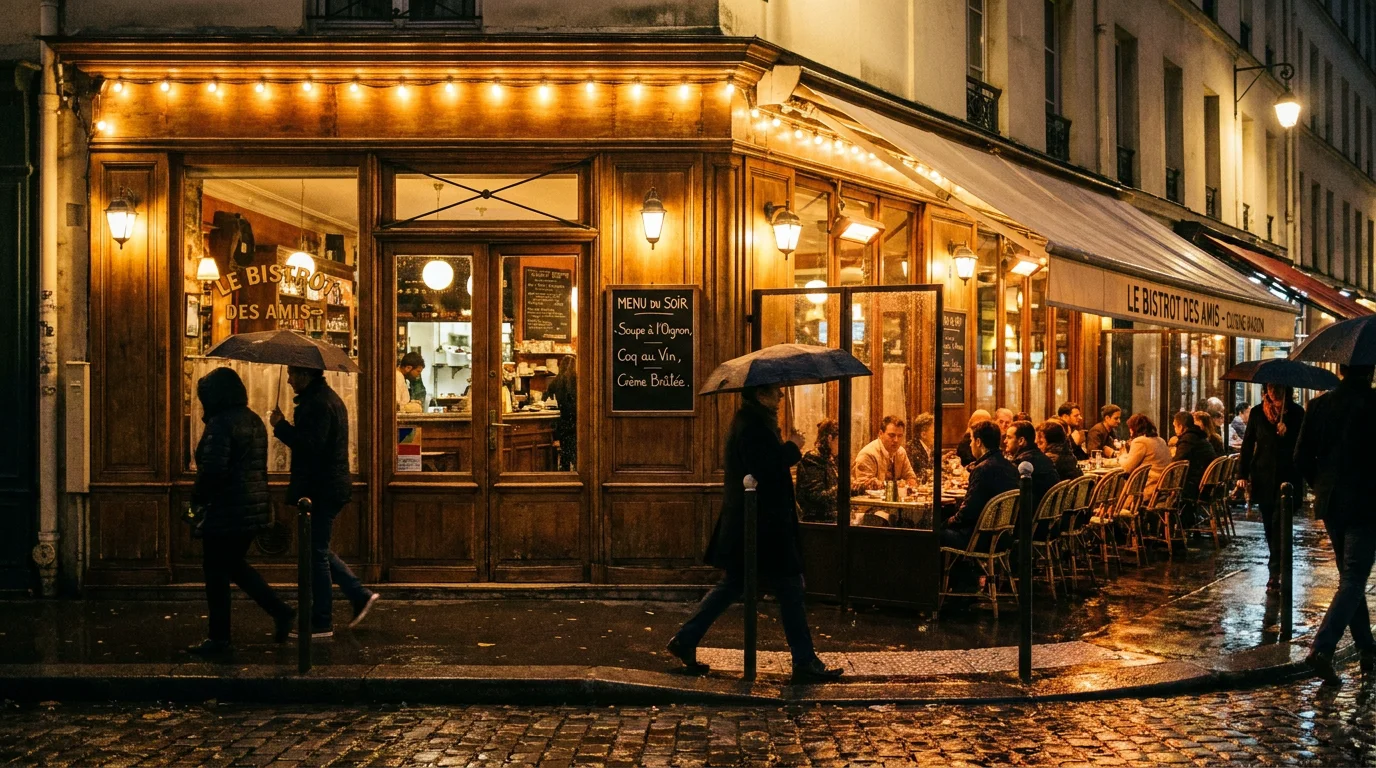 Façade illuminée d'un restaurant emblématique parisien le soir avec reflets sur les pavés