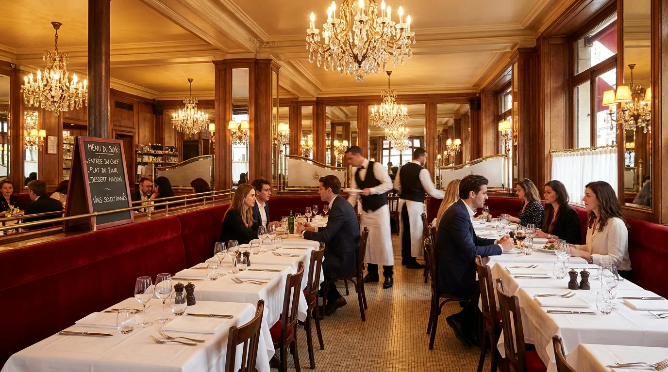 Intérieur élégant d'un restaurant emblématique parisien avec décor classique et lumière tamisée