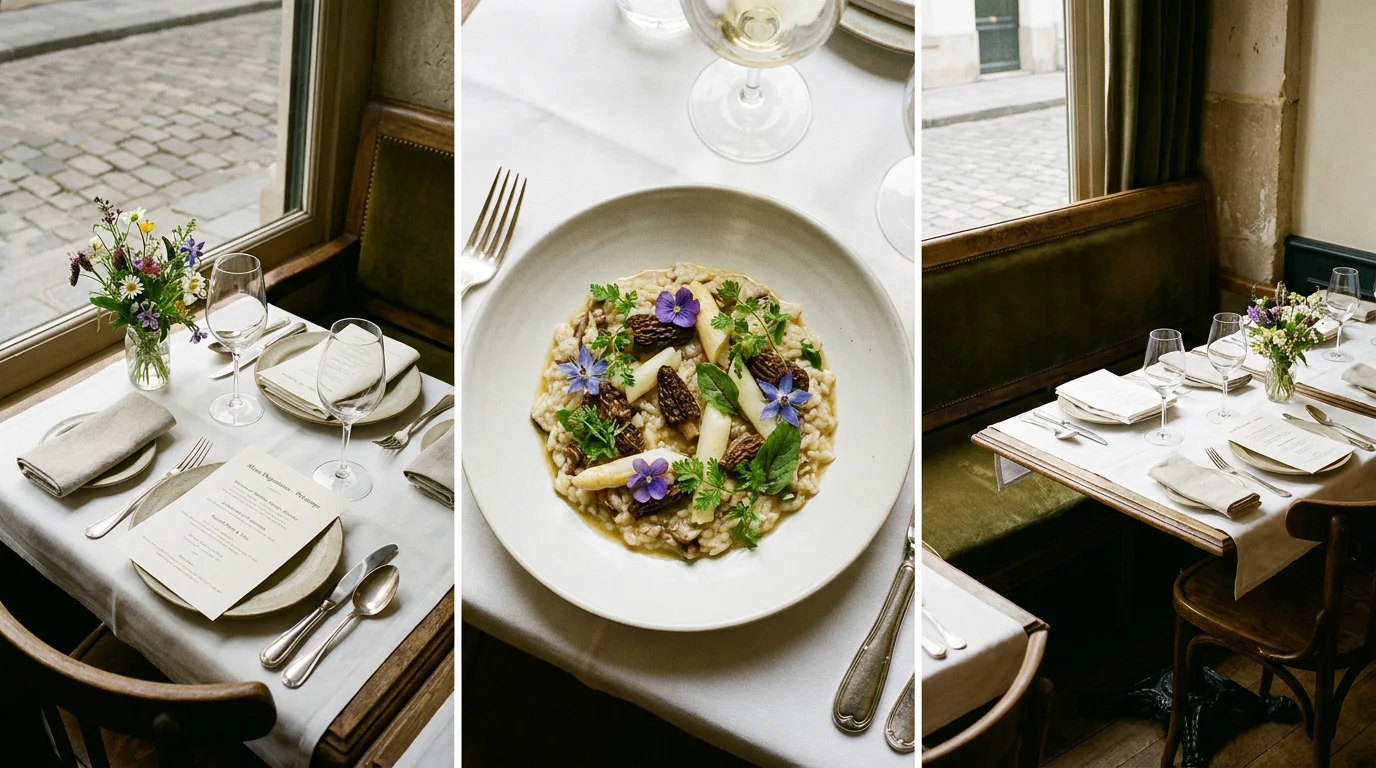 Menu dégustation de saison avec dressage artistique dans un restaurant gastronomique parisien