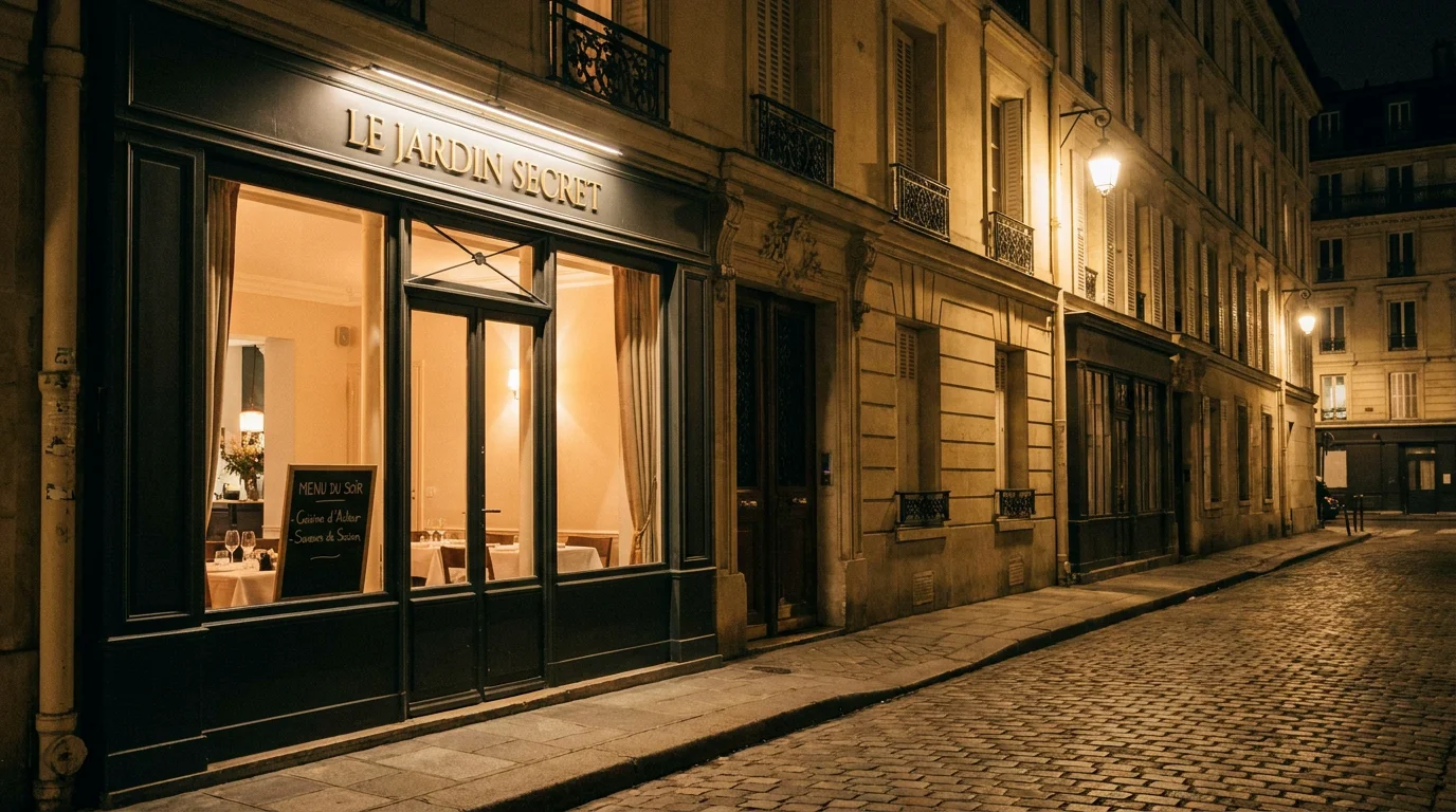 Rue intimiste du quartier des Batignolles à Paris 17 avec la façade d'un restaurant gastronomique en soirée
