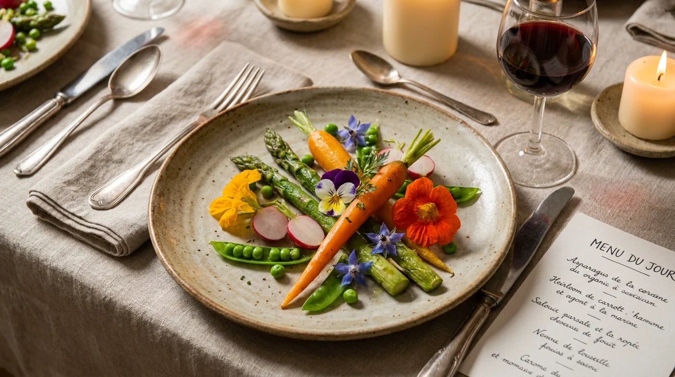 Plat gastronomique bio de saison avec herbes fraîches et fleurs comestibles sur une table de restaurant intimiste