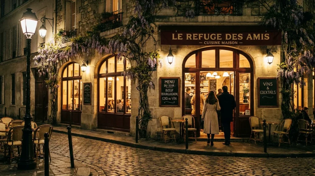 Façade illuminée d'un restaurant gastronomique parisien en soirée