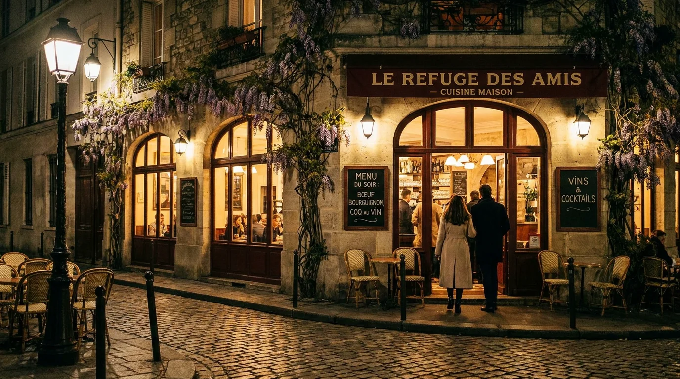 Façade illuminée d'un restaurant gastronomique parisien en soirée
