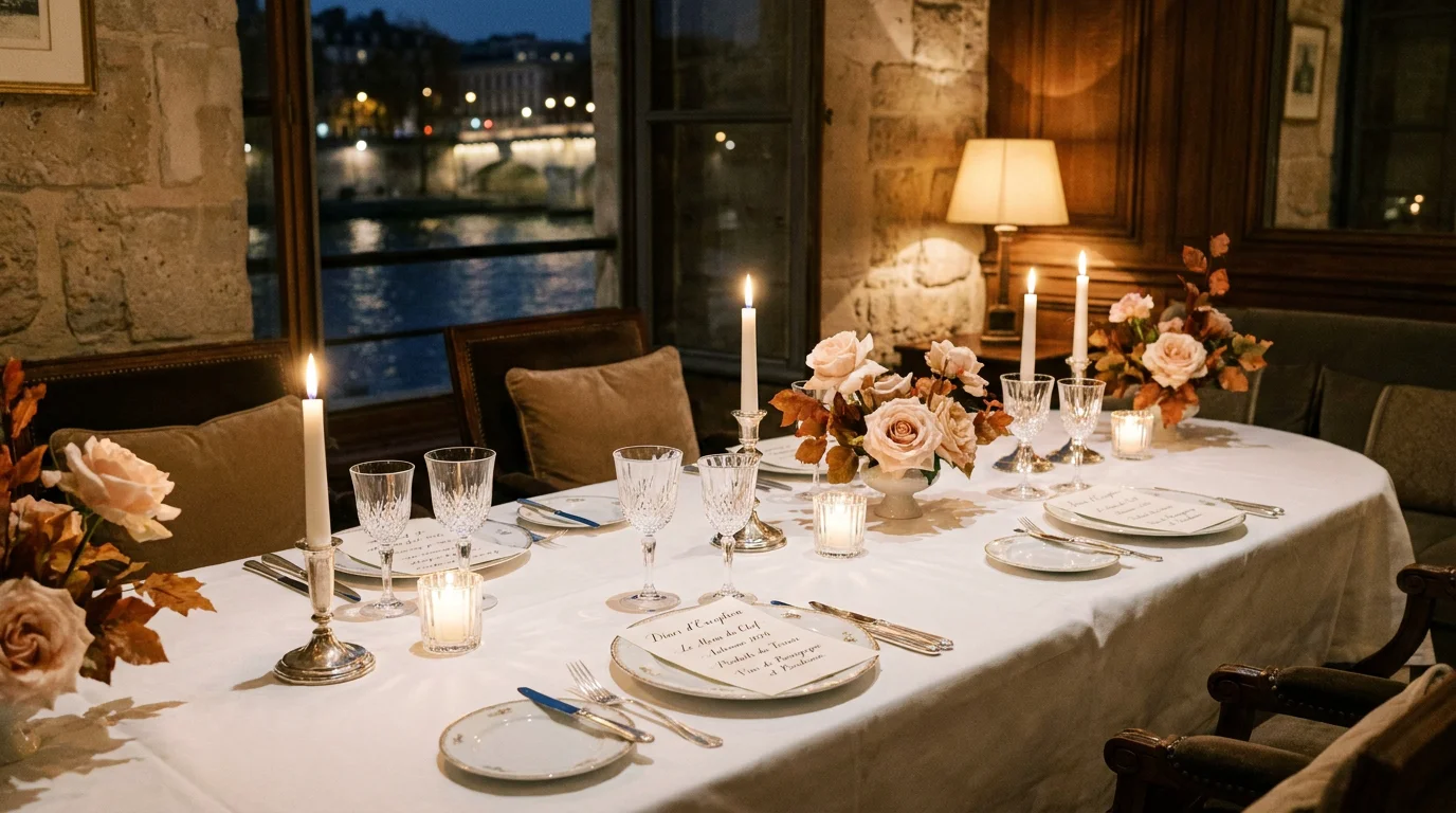Table dressée dans un restaurant gastronomique parisien avec verrerie fine et assiettes raffinées